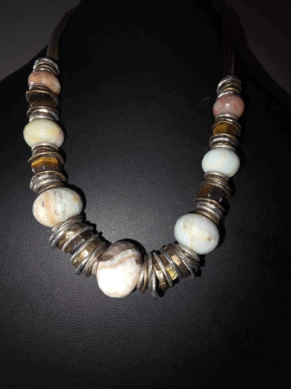 Stone Beaded Statement Necklace in Cream, Blue and Brown